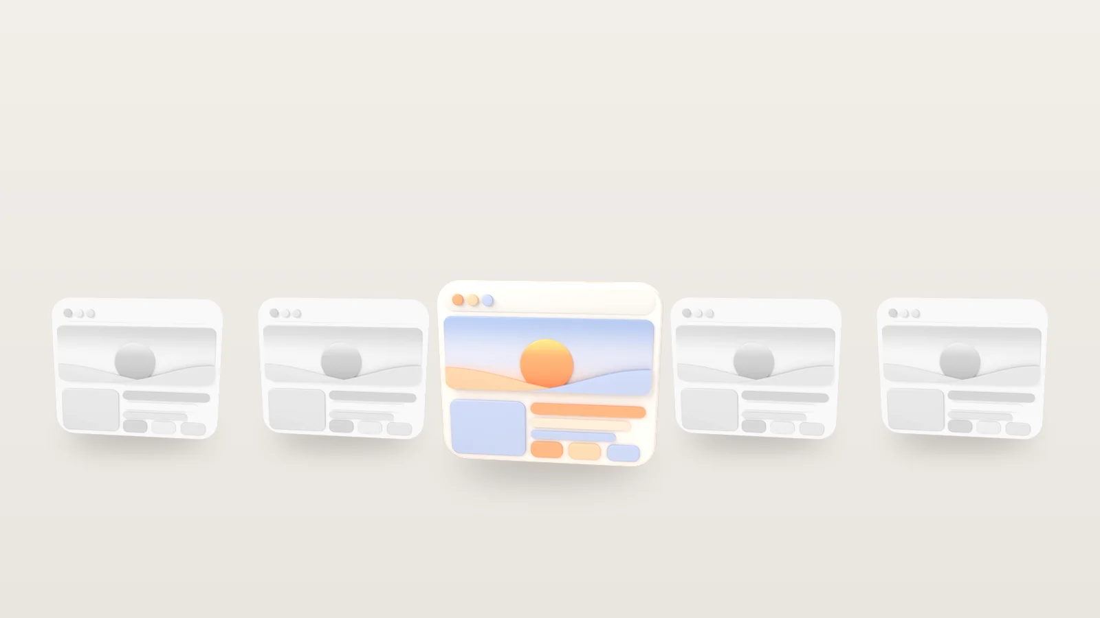 Five browser windows in a row: four drained to grey and identical, the middle one in full sunset color and slightly larger