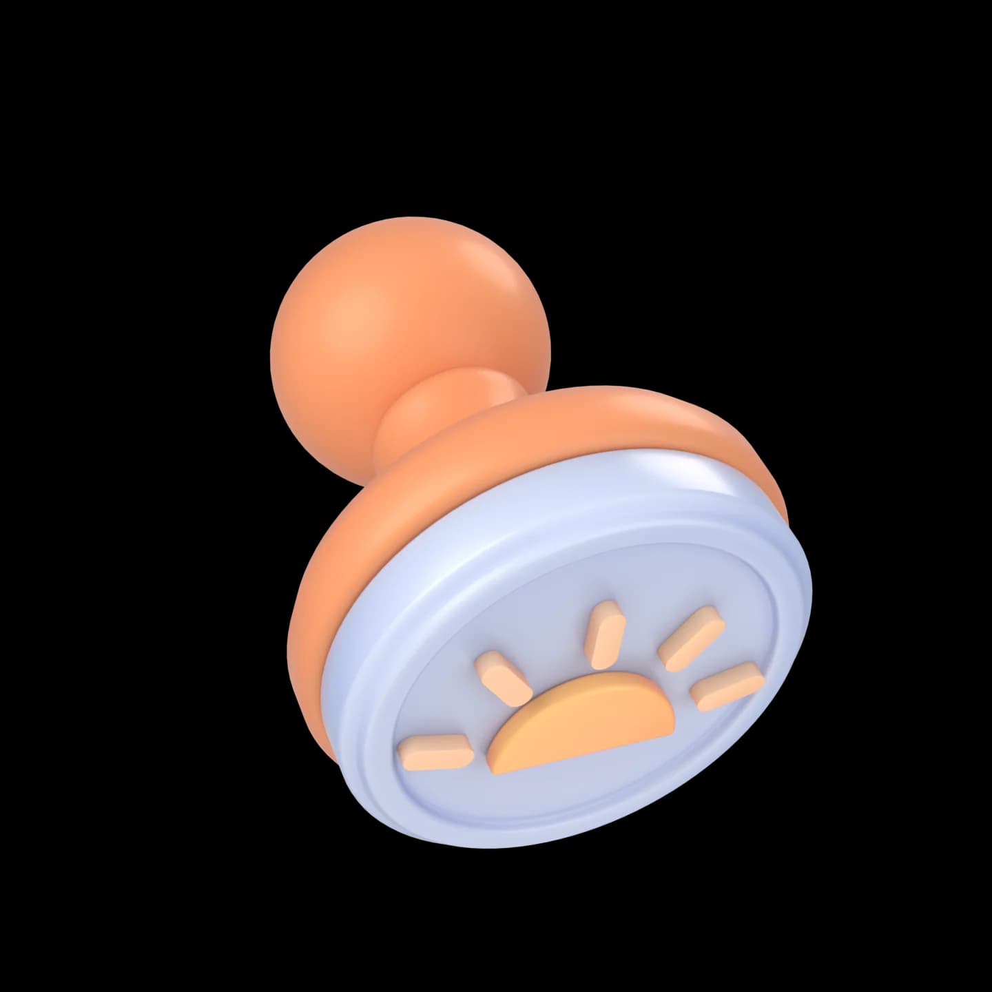 A 3D rubber stamp pressing down, its face carrying a sun emblem