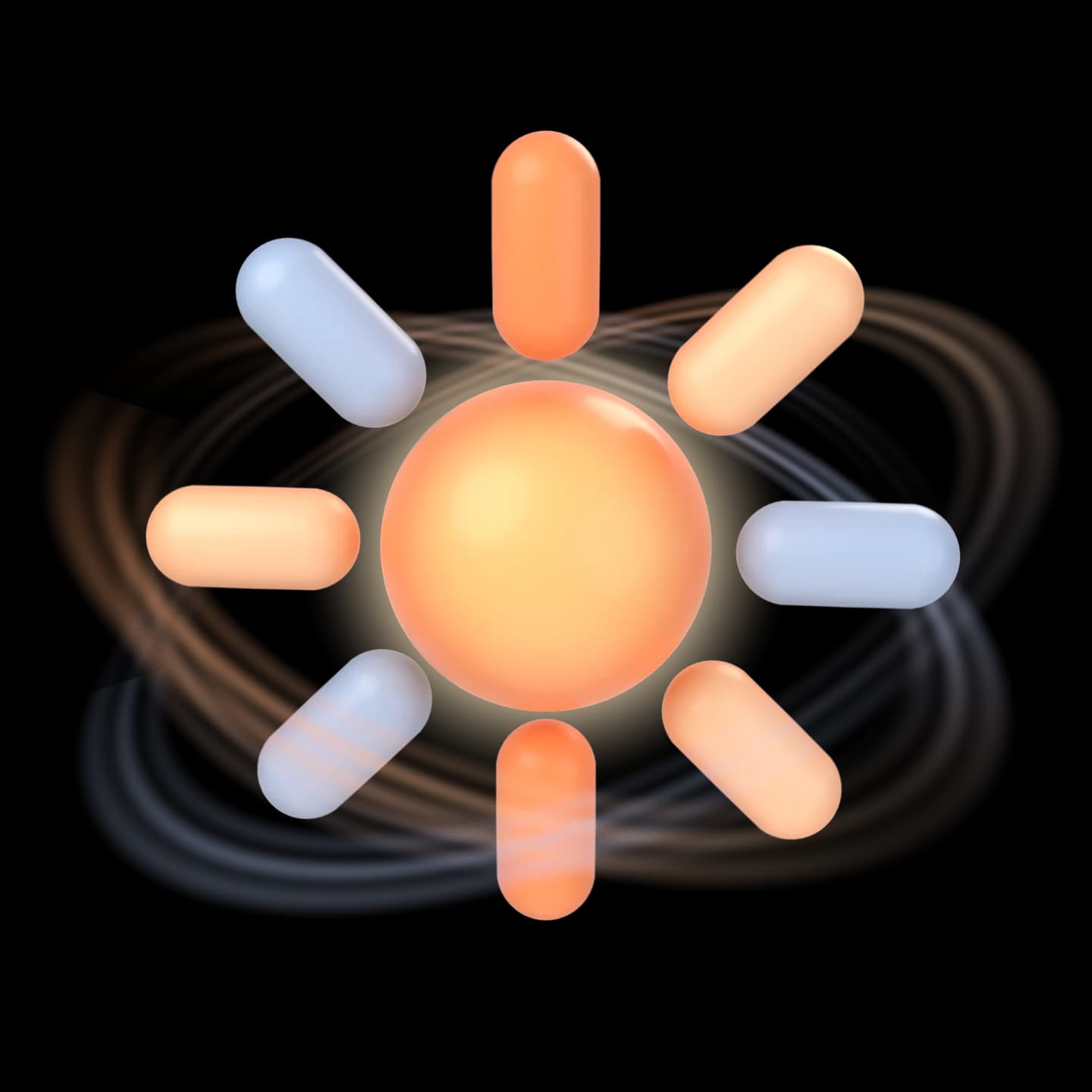 A soft 3D sun with rays and faint orbit trails, floating on a transparent background over a sky gradient