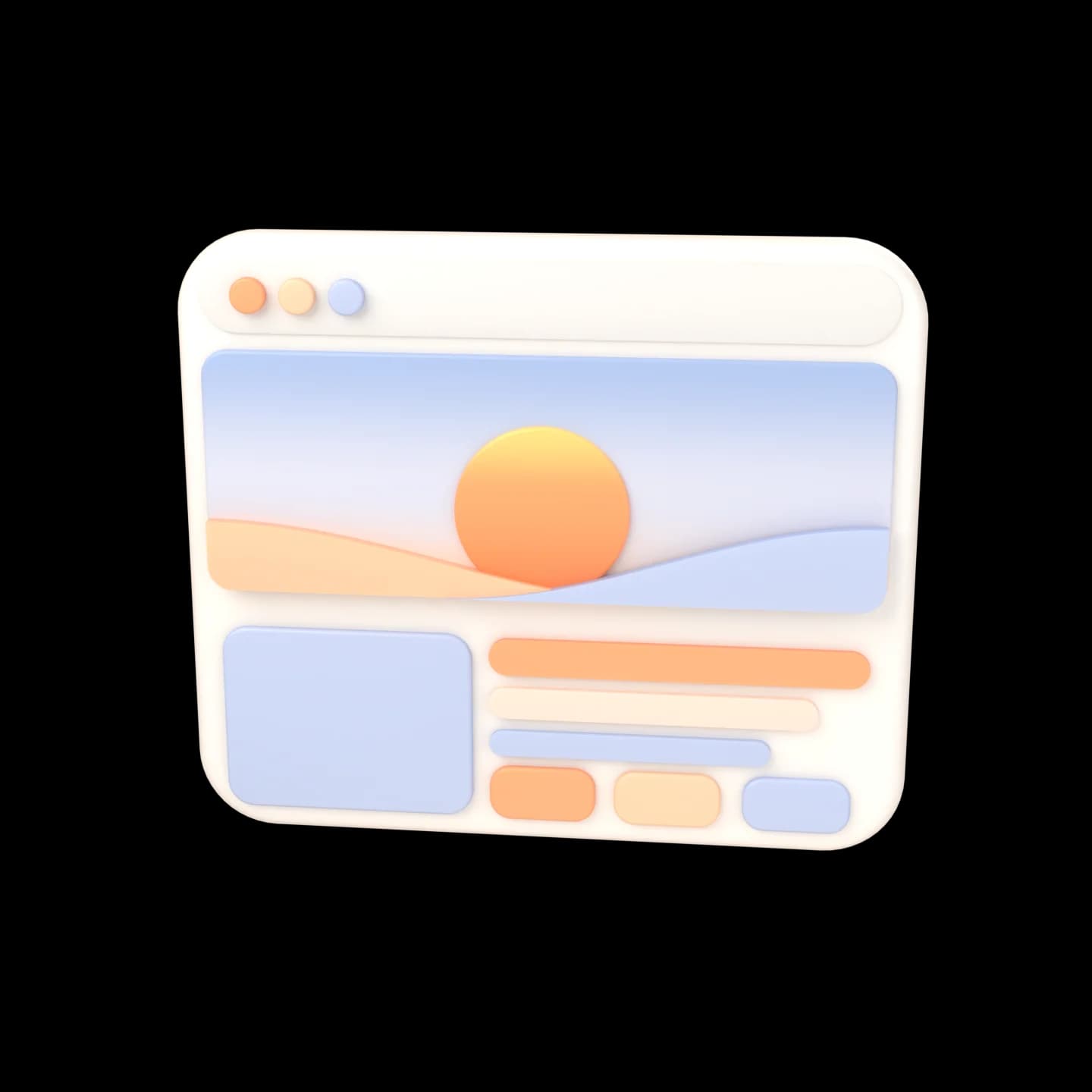 A soft 3D website window with a sunrise hero image on a sky gradient