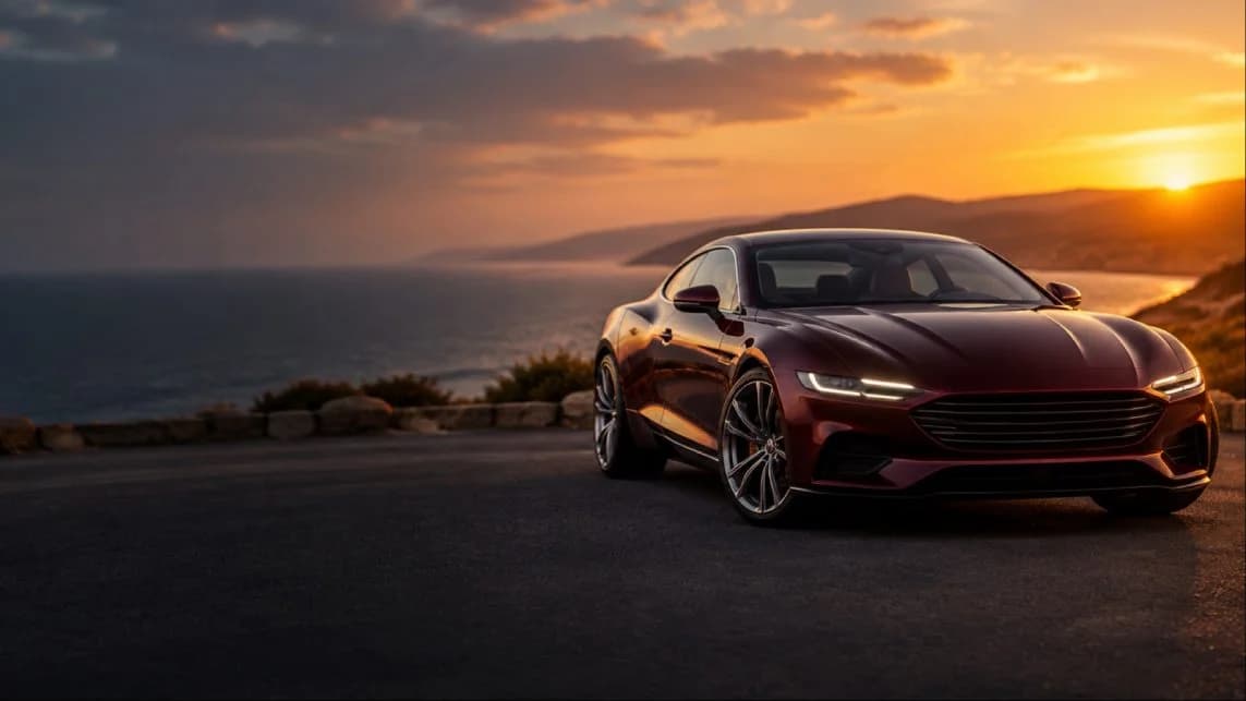 A dark red sports car on a coastal road at sunset