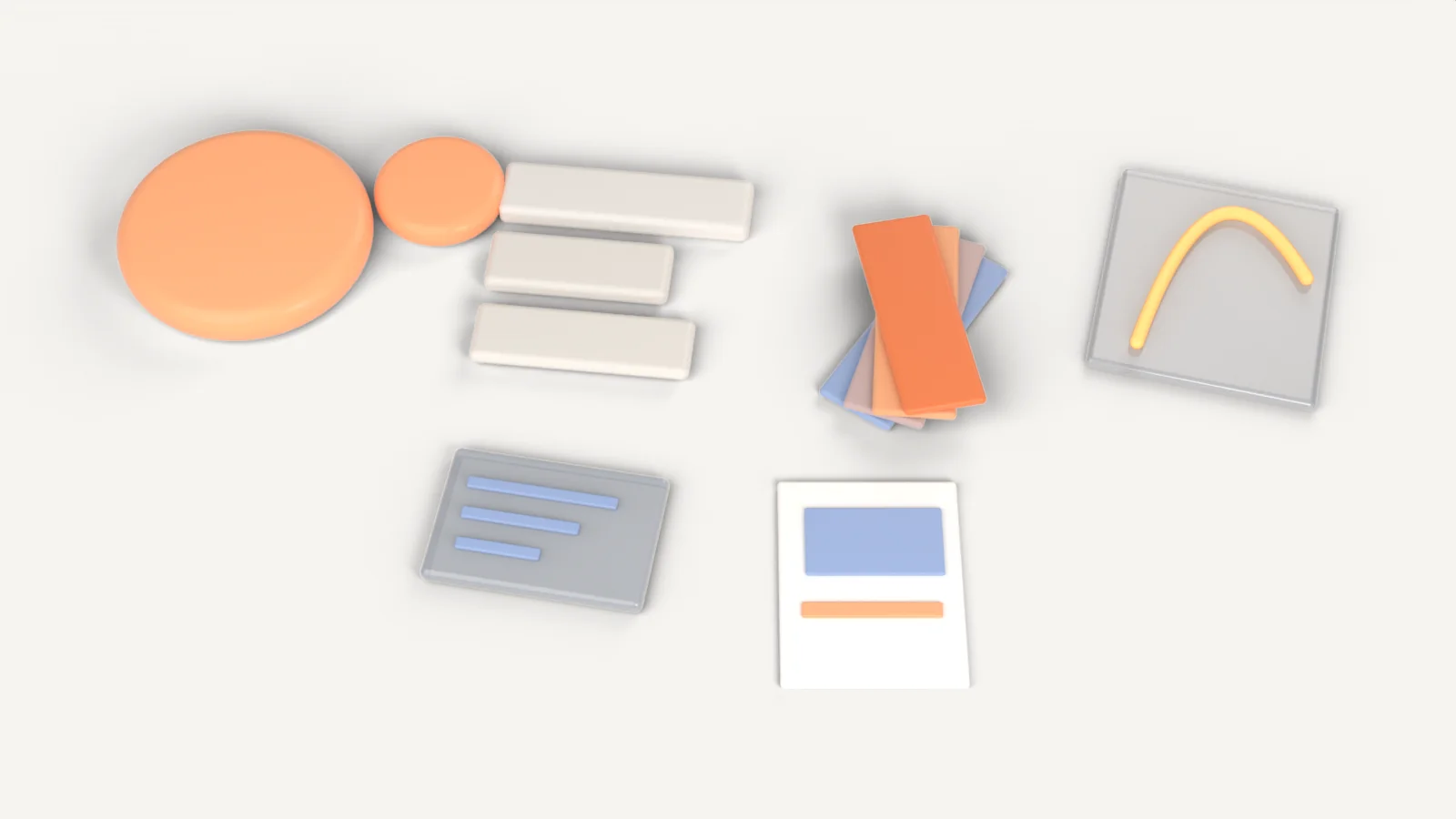 Soft 3D objects for a mark, type, color chips, motion, templates and a glass tablet arranged as one kit on paper