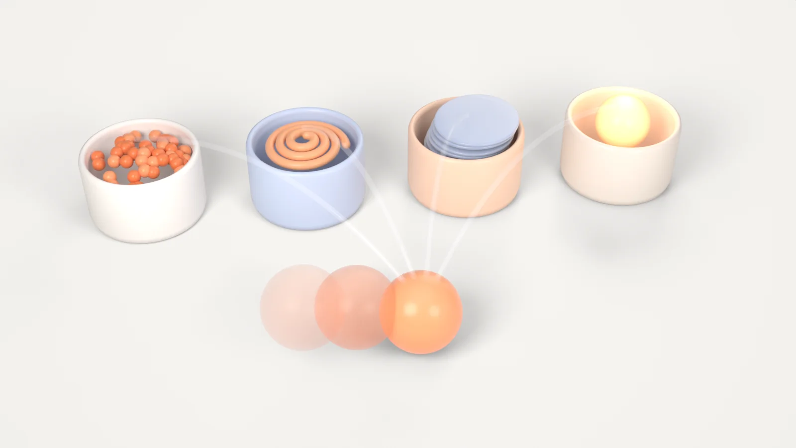Four clay jars holding beads, thread, glass wafers and a glowing sphere, all feeding one object