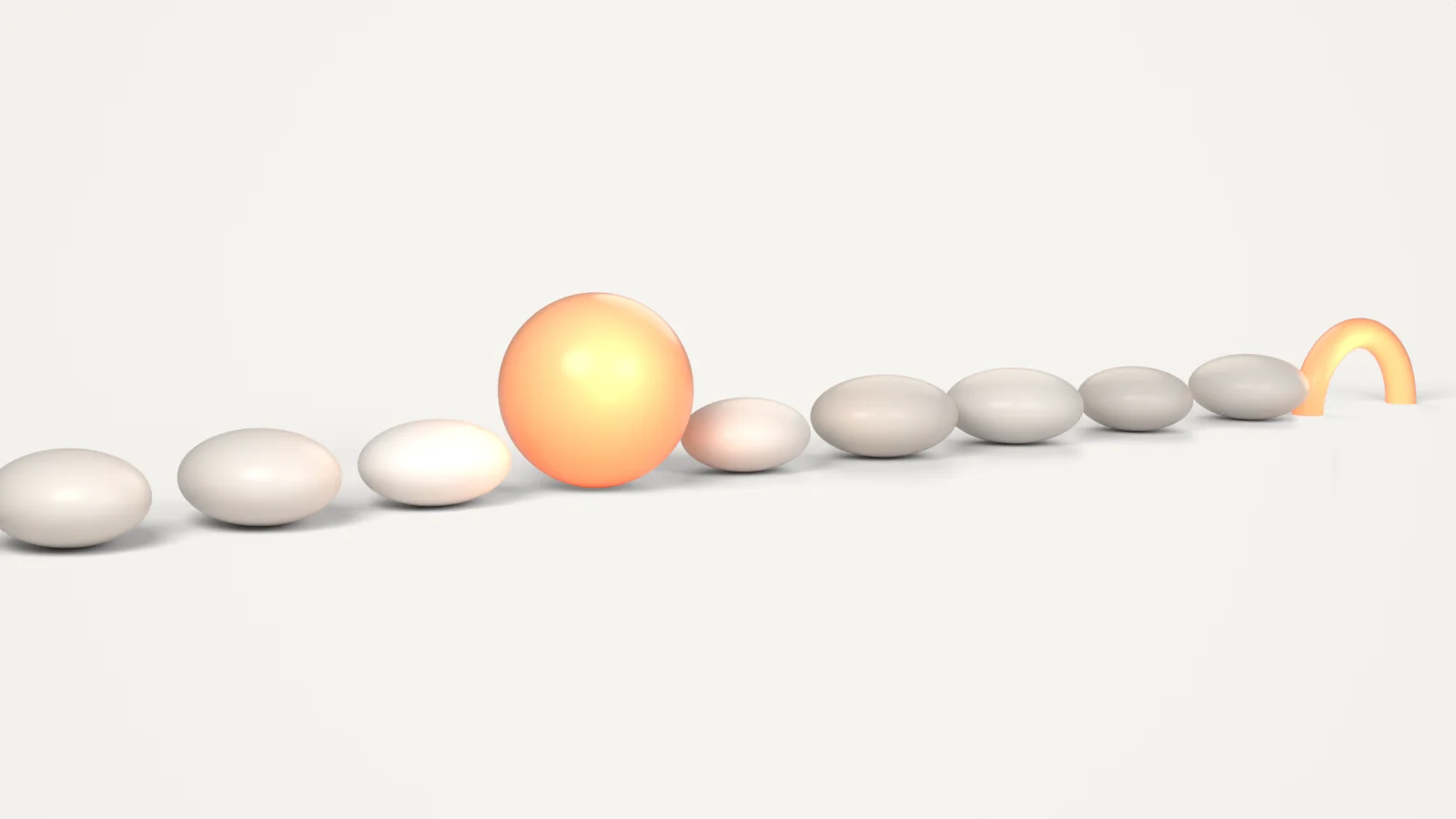 A row of pale clay pebbles with one glowing orange sphere and a small lit arch at the end