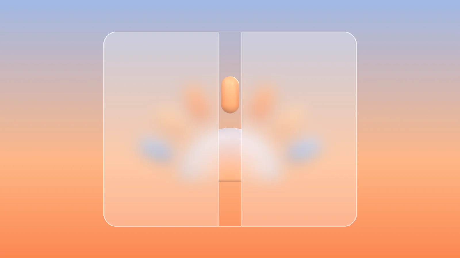 A glossy 3D sun hidden behind a frosted glass pane, with one clear vertical strip showing a single ray