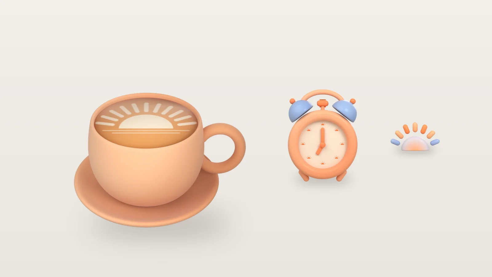 A large 3D coffee cup in front, a medium alarm clock behind it and a small half sun furthest back