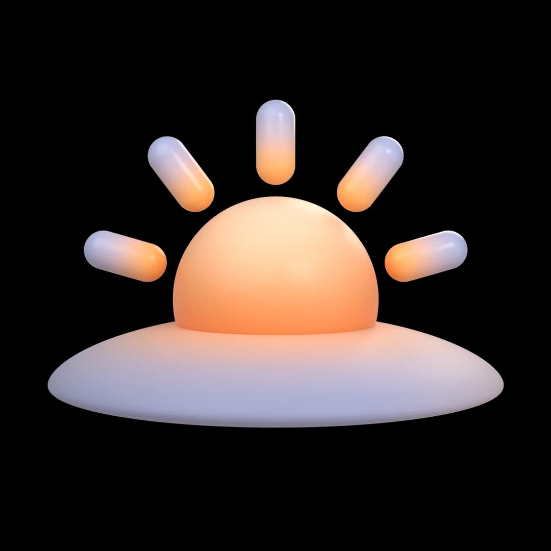 A 3D sun rising slowly over a periwinkle horizon